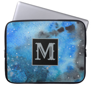 Capa Para Notebook Abstrato Monograma Laptop Azul Preto de Aquarela
