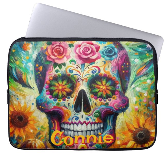 Capa Para Notebook Açúcar Crânio Rosas Florais Girassol Personalizado (Frente)