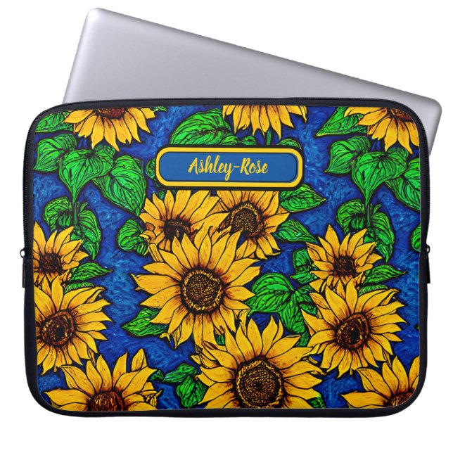 Capa Para Notebook Adicionar Ouro de Nome Girassóis e Folhas em Azul  (Frente)