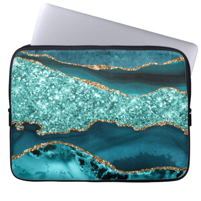 Capa Para Notebook Ágata Oceânica Elegante em Verde Azul e Dourado (Frente)