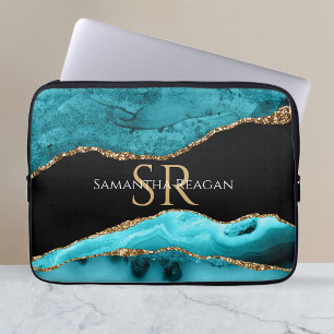 Capa Para Notebook Ágata Teal Preta e Dourada, Nome & Monograma DIY V