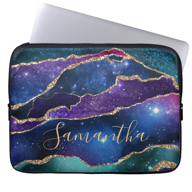 Capa Para Notebook Agato da Galáxia Roxo e Azul com brilho dourado fa (Frente)