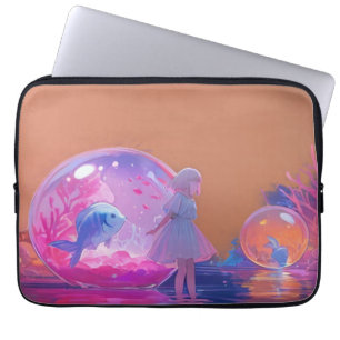 Capa Para Notebook Água-viva Bioluminescente Neon e Mar de Peixes Lum