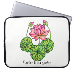 Capa Para Notebook Aguarela Lotus cor-de-rosa com botões & folhas