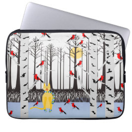 Capa Para Notebook Alegria de inverno - Gato com Cardeais de Árvores 