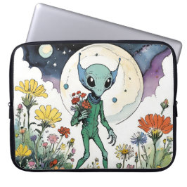 Capa Para Notebook Alienígena Engraçado Colhendo Flores Com Lua Cheia