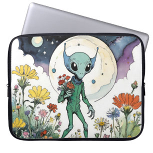 Capa Para Notebook Alienígena Engraçado Colhendo Flores Com Lua Cheia