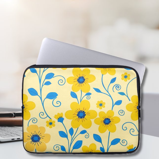 Capa Para Notebook Amarelo-Manteiga e Floral Azul (Butter Yellow and Blue Floral Laptop Sleeve )