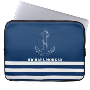 Capa Para Notebook Âncora Náutica, Marinho Blue Stripes Sailer