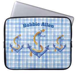 Capa Para Notebook Âncora Personalizada E Gingham Azul De Corda