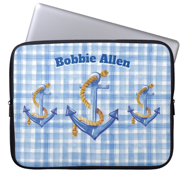 Capa Para Notebook Âncora Personalizada E Gingham Azul De Corda (Frente)
