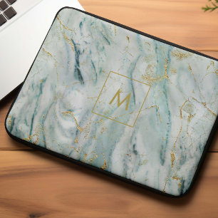 Capa Para Notebook Aqua e textura de mármore impressa ouro