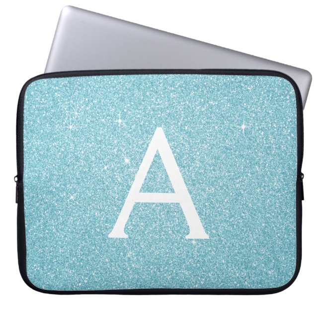 Capa Para Notebook Aqua Teal Blue Glitter e Sparkle Monograma (Frente)