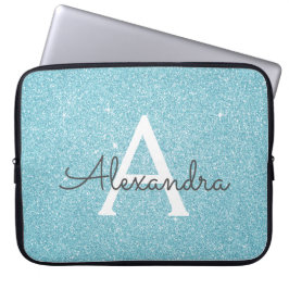 Capa Para Notebook Aqua Teal Blue Glitter e Sparkle Monograma