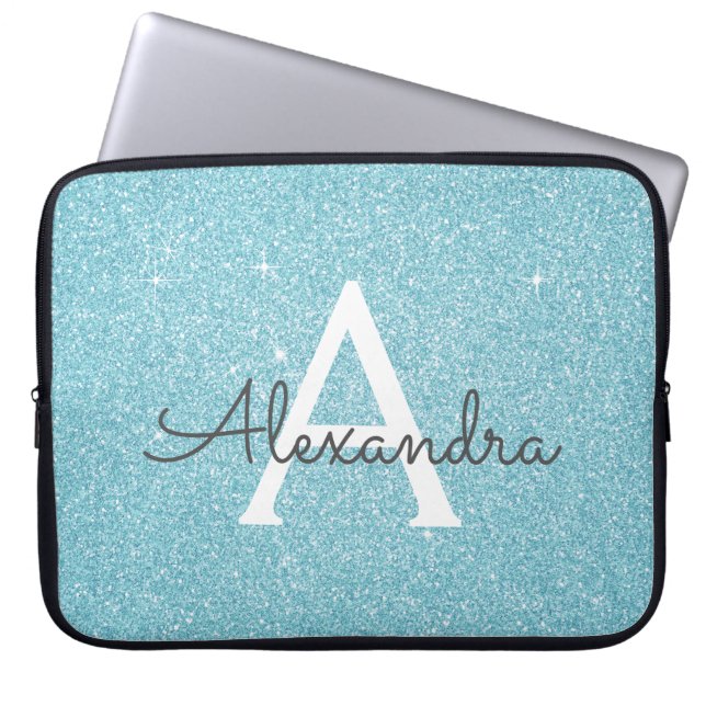 Capa Para Notebook Aqua Teal Blue Glitter e Sparkle Monograma (Frente)