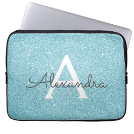 Capa Para Notebook Aqua Teal Blue Glitter e Sparkle Monograma