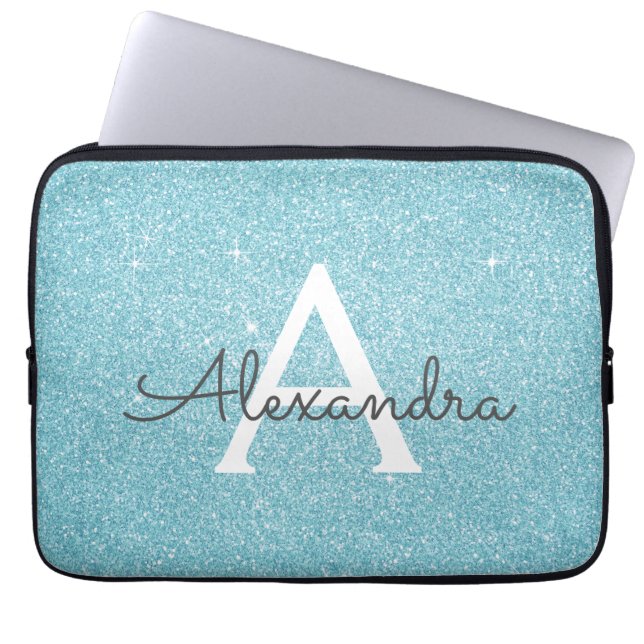 Capa Para Notebook Aqua Teal Blue Glitter e Sparkle Monograma (Frente)