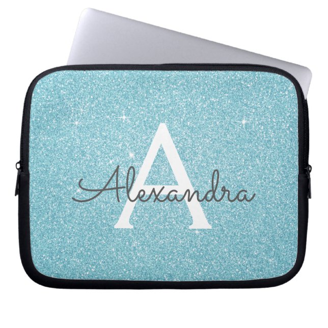 Capa Para Notebook Aqua Teal Blue Glitter e Sparkle Monograma (Frente)