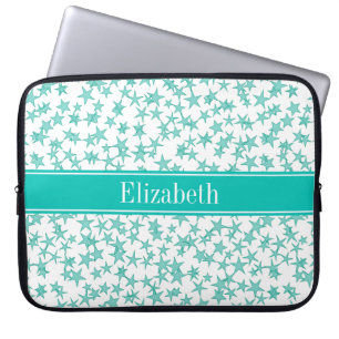 Capa Para Notebook Aqua Turquoise Stars White BG, Nome Teal Monograma