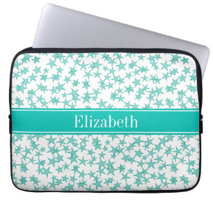 Capa Para Notebook Aqua Turquoise Stars White BG, Nome Teal Monograma
