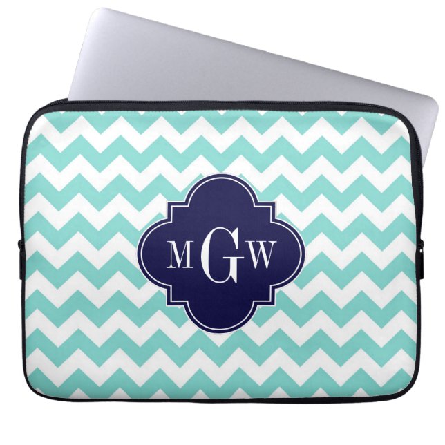 Capa Para Notebook Aqua White Chevron Marinho Azul Quatrefoil 3 Monog (Frente)
