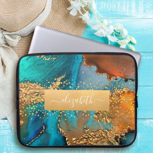 Capa Para Notebook Aquarela agita ouro turquesa cor laranja glam