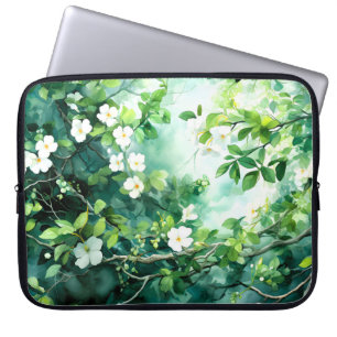 Capa Para Notebook Aquarela Botânica Flores Brancas Folhas Verdes
