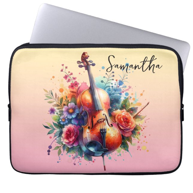 Capa Para Notebook Aquarela Cello e Flores Personalizadas (Frente)