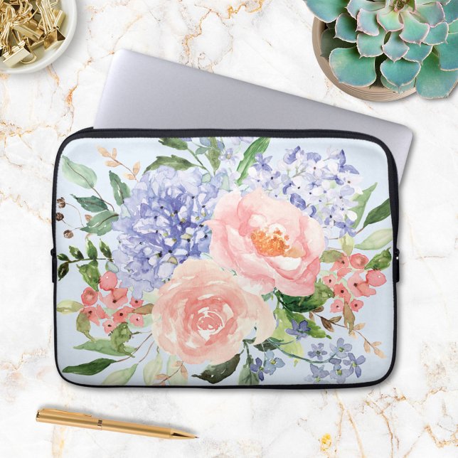 Capa Para Notebook Aquarela Floral Azul Rosa Hydrangea Peônia Primave (In situ)