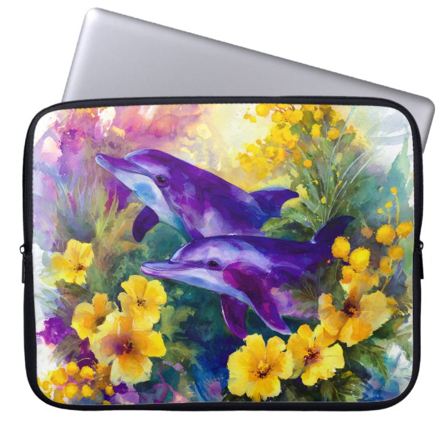Capa Para Notebook Aquarela Golfinhos Flores Tropicais Oceano (Frente)