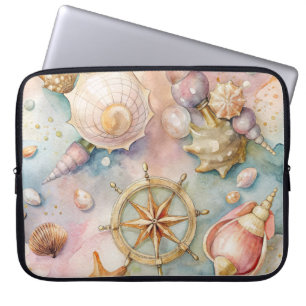 Capa Para Notebook Aquarela Pastel Náutica Conchas e Roda