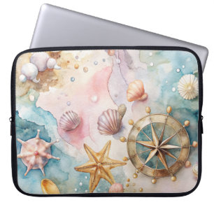 Capa Para Notebook Aquarela Pastel Náutica Conchas e Roda