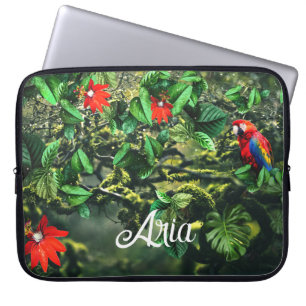 Capa Para Notebook Arara-escarlate na selva com flores