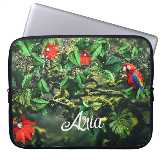 Capa Para Notebook Arara-escarlate na selva com flores (Frente)