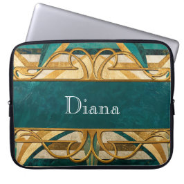 Capa Para Notebook Art Deco Green and Gold Stripes Personalized