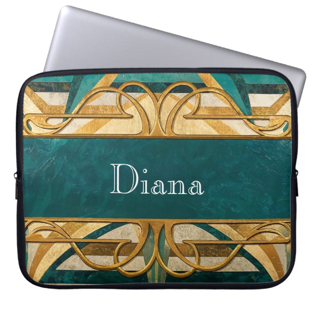 Capa Para Notebook Art Deco Listras Verdes e Douradas Personalizadas (Frente)
