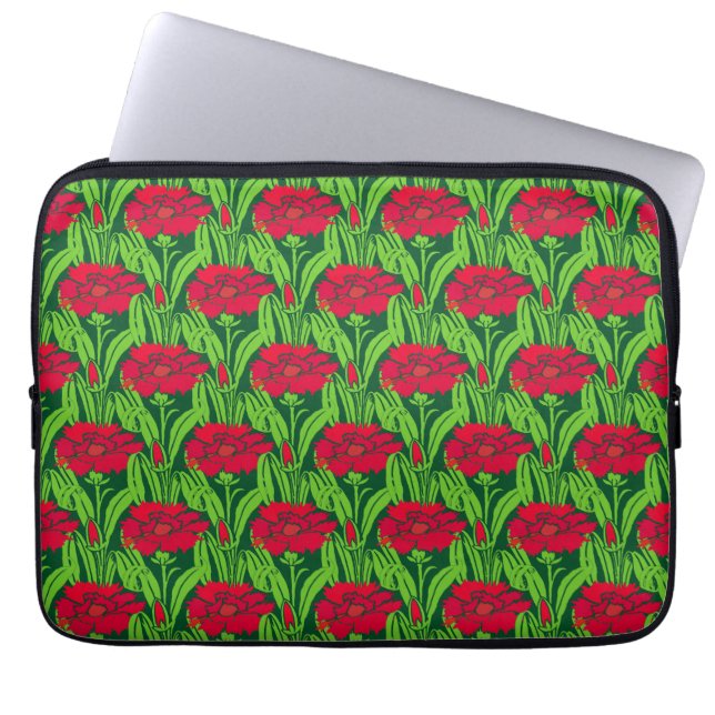 Capa Para Notebook Art Nouveau red Carnações florais damasco (Frente)