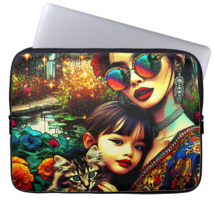 Capa Para Notebook Arte Colorido Mãe e Filha Jardim de Flores Asiátic