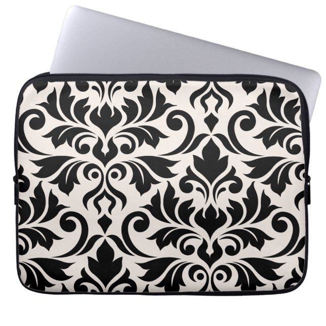 Capa Para Notebook Arte Damasco I Preto em Creme (Frente)