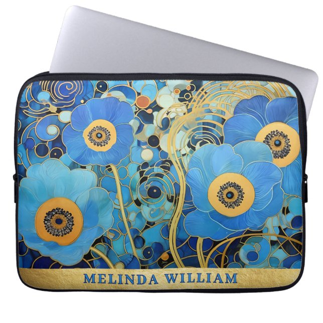 Capa Para Notebook Arte de Nome Personalizado Flores Azuis Dourado Ab (Frente)