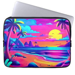 Capa Para Notebook Arte de Pôr do Sol Neon na Praia Tropical