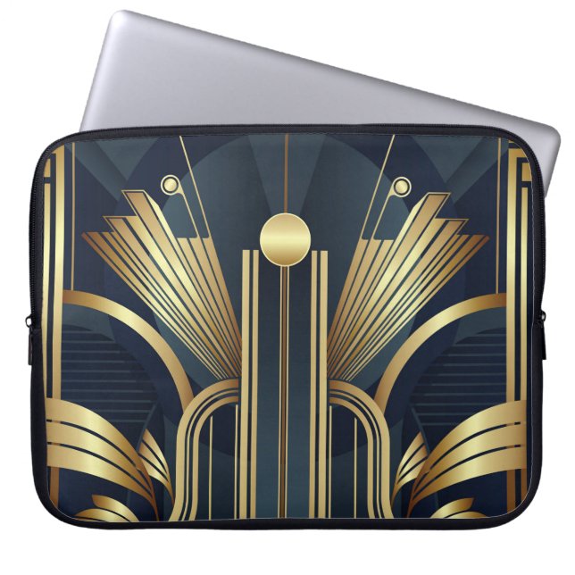 Capa Para Notebook Arte Deco Azul e Dourado (Frente)