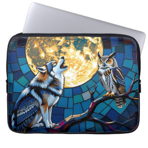 Capa Para Notebook Arte em Mosaico de Lobo e Coruja