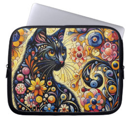 Capa Para Notebook Arte Floral Abstrato de Gato Negro