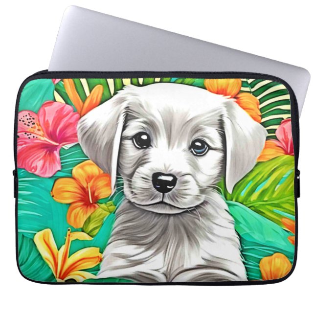 Capa Para Notebook Arte Floral de Cachorrinho (Frente)