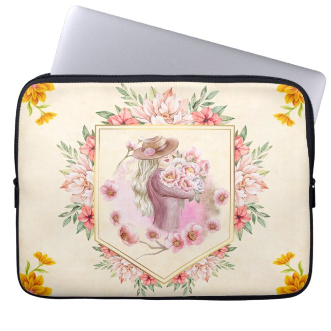 Capa Para Notebook Arte Floral Rosa, Dama da Primavera (Frente)