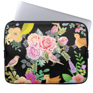Capa Para Notebook Arte Vibrante de Pássaros e Flores Coloridos em Pr