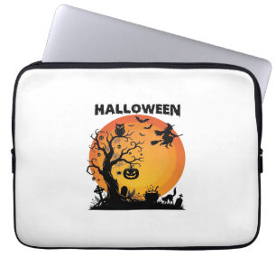Capa Para Notebook Árvore Assustadora de Halloween Bruxa Voadora Lua
