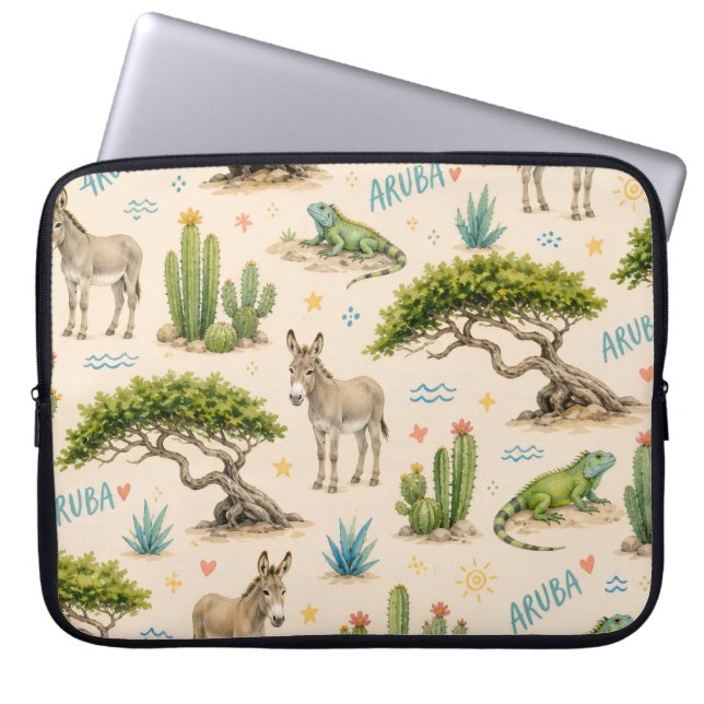 Capa Para Notebook Árvore divi de Aruba, burro, iguana, cacto (Frente)
