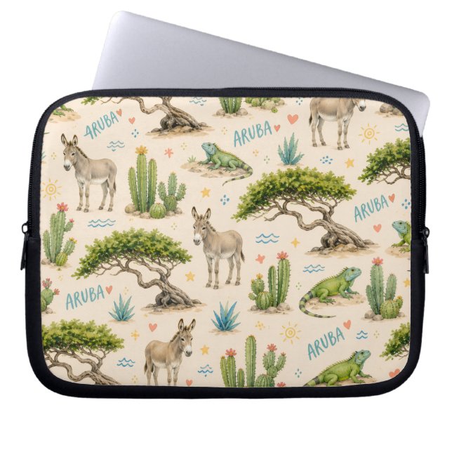 Capa Para Notebook Árvore divi de Aruba, burro, iguana, cacto (Frente)